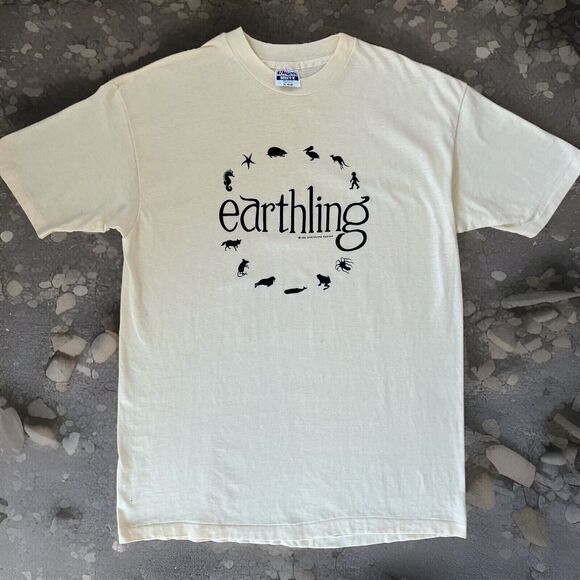 Vintage Earthling Shirt XL Yellow 80s Made In USA Nature Design Animals Art - Picture 1 of 7